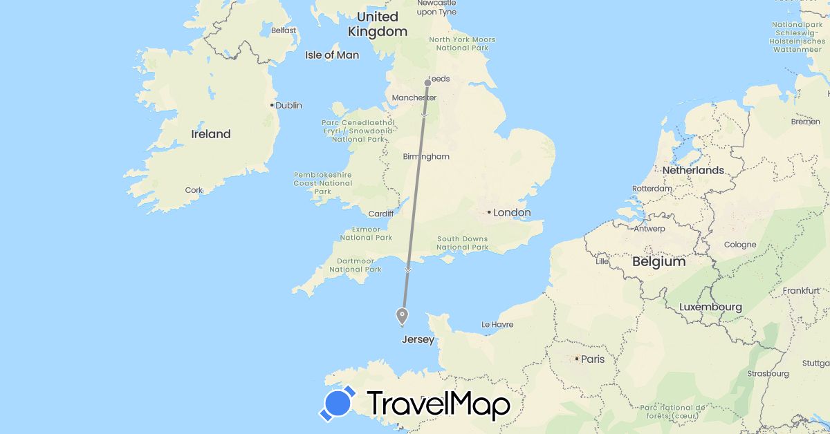 TravelMap itinerary: driving, plane in United Kingdom, Guernsey (Europe)